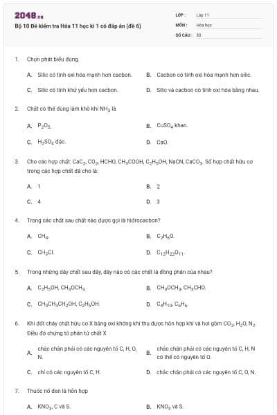 Bộ 10 Đề kiểm tra Hóa 11 học kì 1 có đáp án (đề 6)