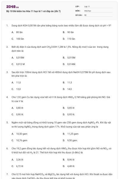Bộ 10 Đề kiểm tra Hóa 11 học kì 1 có đáp án (đề 7)