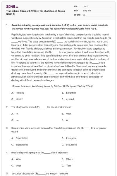 Trắc nghiệm Tiếng anh 12 Điền vào chỗ trống có đáp án (phần 1)