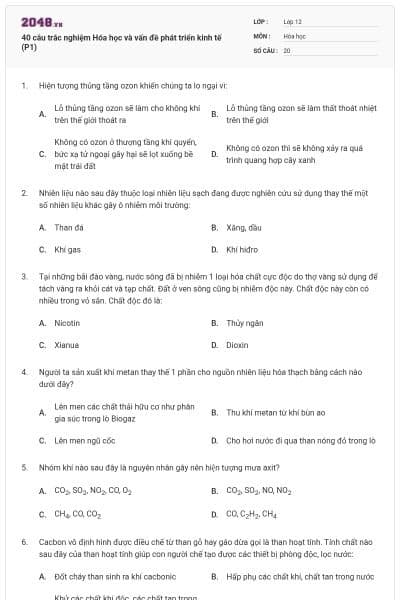 40 câu trắc nghiệm Hóa học và vấn đề phát triển kinh tế (P1)