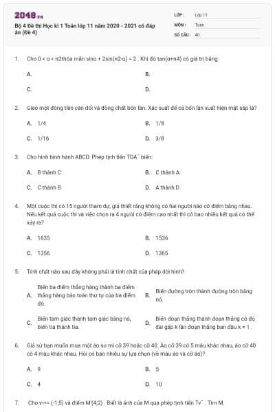Bộ 4 Đề thi Học kì 1 Toán lớp 11 năm 2020 - 2021 có đáp án (Đề 4)