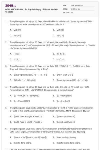 ĐGNL ĐHQG Hà Nội - Tư duy định lượng - Bài toán về điểm và vectơ