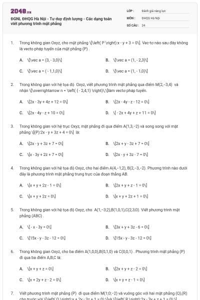 ĐGNL ĐHQG Hà Nội - Tư duy định lượng - Các dạng toán viết phương trình mặt phẳng