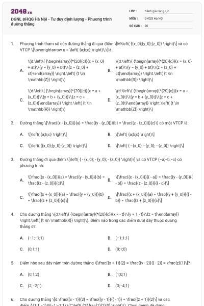 ĐGNL ĐHQG Hà Nội - Tư duy định lượng - Phương trình đường thẳng