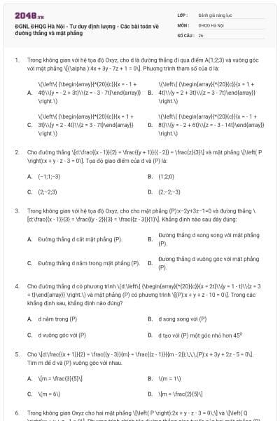 ĐGNL ĐHQG Hà Nội - Tư duy định lượng - Các bài toán về đường thẳng và mặt phẳng