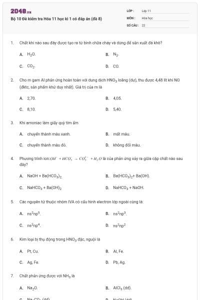 Bộ 10 Đề kiểm tra Hóa 11 học kì 1 có đáp án (đề 8)