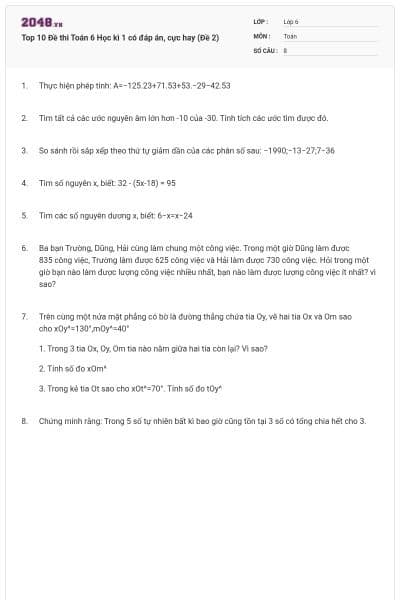 Top 10 Đề thi Toán 6 Học kì 1 có đáp án, cực hay (Đề 2)