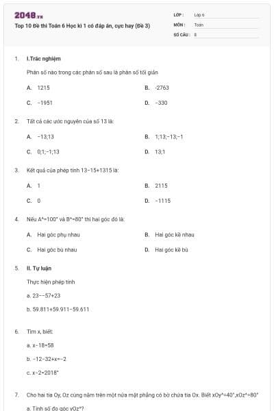 Top 10 Đề thi Toán 6 Học kì 1 có đáp án, cực hay (Đề 3)