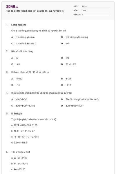 Top 10 Đề thi Toán 6 Học kì 1 có đáp án, cực hay (Đề 4)