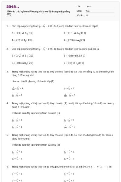160 câu trắc nghiệm Phương pháp tọa độ trong mặt phẳng (P6)