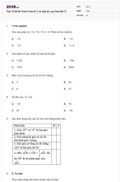 Top 10 Đề thi Toán 6 Học kì 1 có đáp án, cực hay (Đề 7)