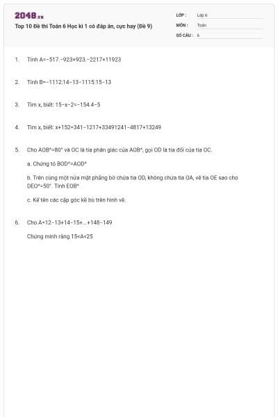 Top 10 Đề thi Toán 6 Học kì 1 có đáp án, cực hay (Đề 9)