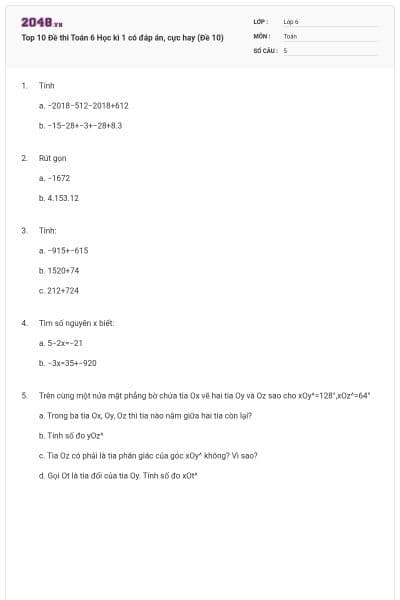 Top 10 Đề thi Toán 6 Học kì 1 có đáp án, cực hay (Đề 10)
