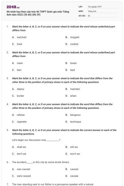 Đề minh họa theo cấu trúc thi THPT Quốc gia môn Tiếng Anh năm 2022 (30 đề) (Đề 29)