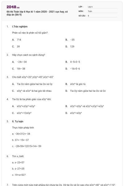 Đề thi Toán lớp 6 Học kì 1 năm 2020 - 2021 cực hay, có đáp án (Đề 9)