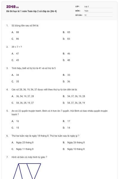 Đề thi học kì 1 môn Toán lớp 2 có đáp án (Đề 4)