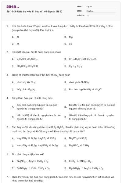 Bộ 10 Đề kiểm tra Hóa 11 học kì 1 có đáp án (đề 9)