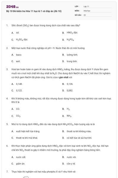 Bộ 10 Đề kiểm tra Hóa 11 học kì 1 có đáp án (đề 10)