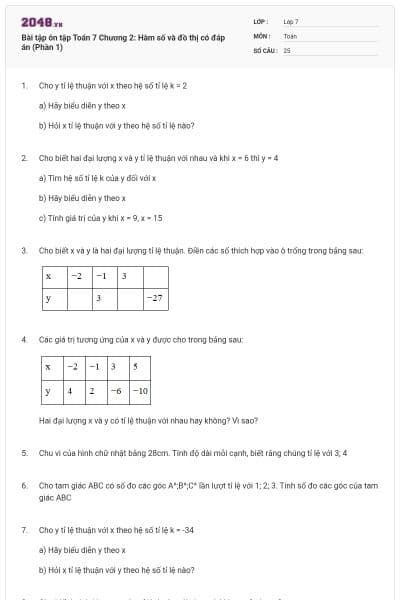 Bài tập ôn tập Toán 7 Chương 2: Hàm số và đồ thị có đáp án (Phần 1)