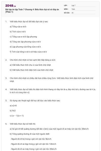 Bài tập ôn tập Toán 7 Chương 4: Biểu thức đại số có đáp án (Phần 1)