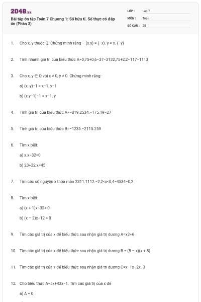 Bài tập ôn tập Toán 7 Chương 1: Số hữu tỉ. Số thực có đáp án (Phần 3)