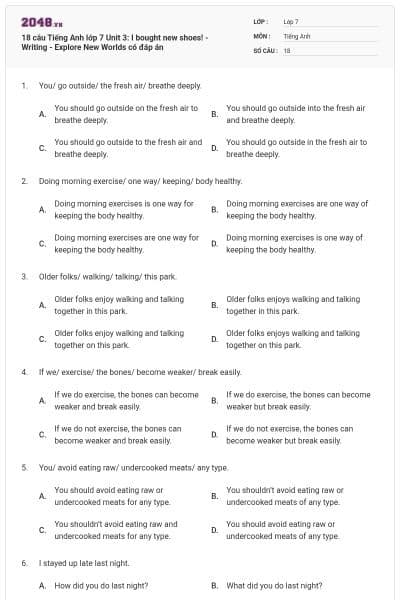 18 câu Tiếng Anh lớp 7 Unit 3: I bought new shoes! - Writing - Explore New Worlds có đáp án