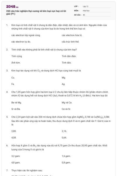 260 câu trắc nghiệm Đại cương về kim loại cực hay có lời giải (P1)