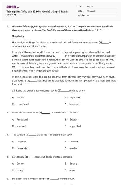 Trắc nghiệm Tiếng anh 12 Điền vào chỗ trống có đáp án (phần 4)