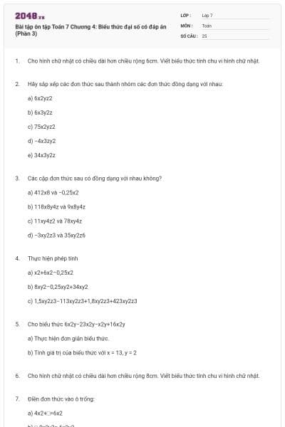 Bài tập ôn tập Toán 7 Chương 4: Biểu thức đại số có đáp án (Phần 3)
