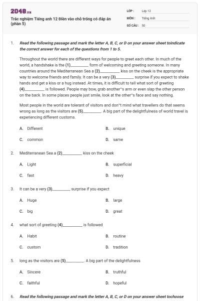 Trắc nghiệm Tiếng anh 12 Điền vào chỗ trống có đáp án (phần 5)