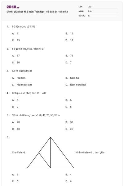 Đề thi giữa học kì 2 môn Toán lớp 1 có đáp án - Đề số 2