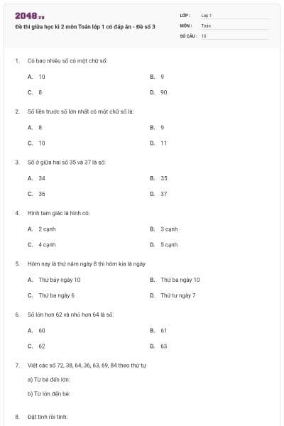 Đề thi giữa học kì 2 môn Toán lớp 1 có đáp án - Đề số 3