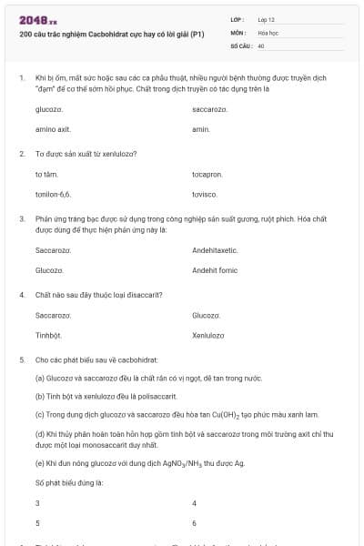200 câu trắc nghiệm Cacbohidrat cực hay có lời giải (P1)