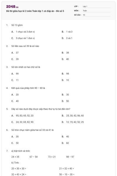 Đề thi giữa học kì 2 môn Toán lớp 1 có đáp án - Đề số 5