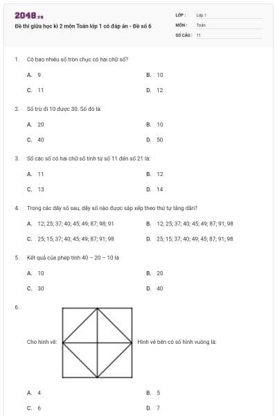 Đề thi giữa học kì 2 môn Toán lớp 1 có đáp án - Đề số 6