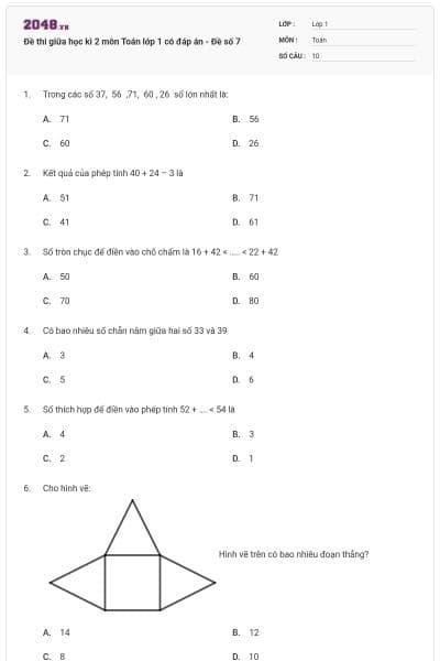 Đề thi giữa học kì 2 môn Toán lớp 1 có đáp án - Đề số 7