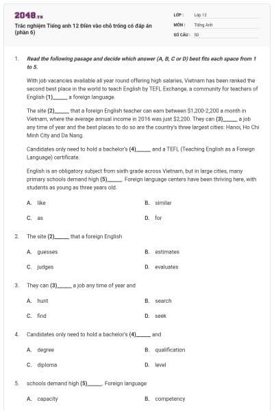 Trắc nghiệm Tiếng anh 12 Điền vào chỗ trống có đáp án (phần 6)