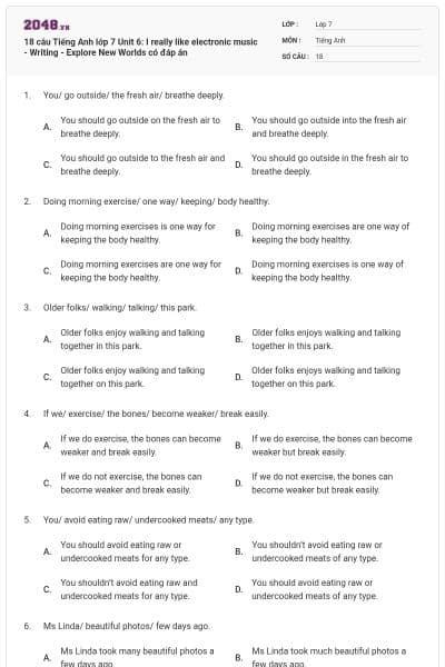 18 câu Tiếng Anh lớp 7 Unit 6: I really like electronic music - Writing - Explore New Worlds có đáp án