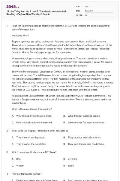 11 câu Tiếng Anh lớp 7 Unit 8: You should see a doctor! - Reading - Explore New Worlds có đáp án