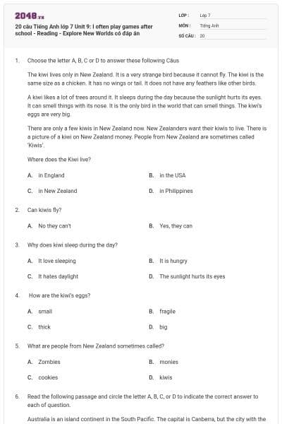 20 câu Tiếng Anh lớp 7 Unit 9: I often play games after school - Reading - Explore New Worlds có đáp án