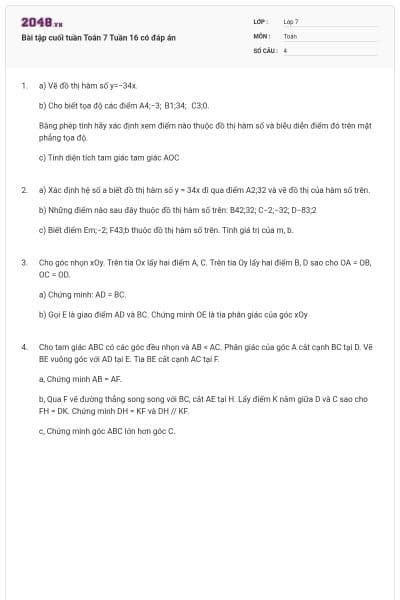Bài tập cuối tuần Toán 7 Tuần 16 có đáp án