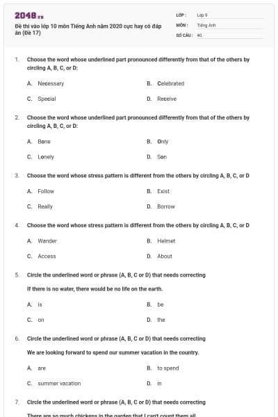 Đề thi vào lớp 10 môn Tiếng Anh năm 2020 cực hay có đáp án (Đề 17)