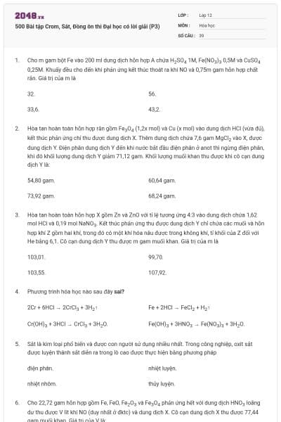 500 Bài tập Crom, Sắt, Đồng ôn thi Đại học có lời giải (P3)