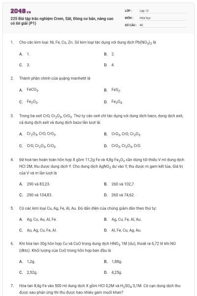 225 Bài tập trắc nghiệm Crom, Sắt, Đồng cơ bản, nâng cao có lời giải (P1)