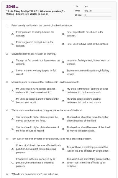 19 câu Tiếng Anh lớp 7 Unit 11: What were you doing? - Writing - Explore New Worlds có đáp án
