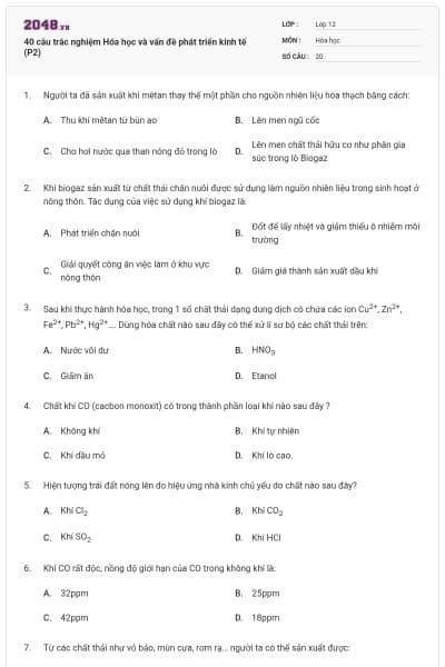 40 câu trắc nghiệm Hóa học và vấn đề phát triển kinh tế (P2)