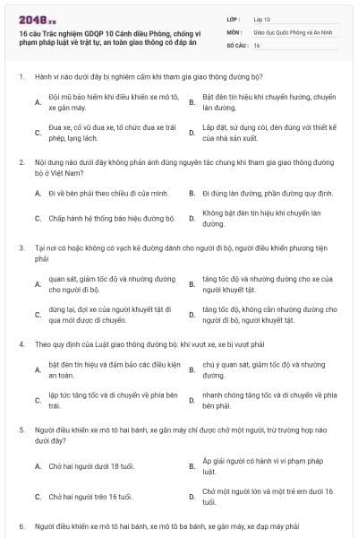 16 câu Trắc nghiệm GDQP 10 Cánh diều Phòng, chống vi phạm pháp luật về trật tự, an toàn giao thông có đáp án