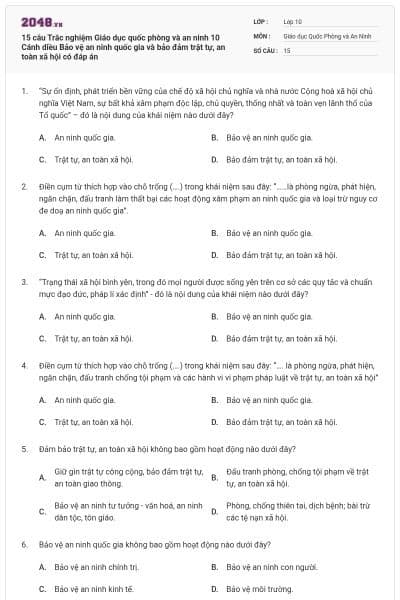 15 câu Trắc nghiệm Giáo dục quốc phòng và an ninh 10 Cánh diều Bảo vệ an ninh quốc gia và bảo đảm trật tự, an toàn xã hội có đáp án