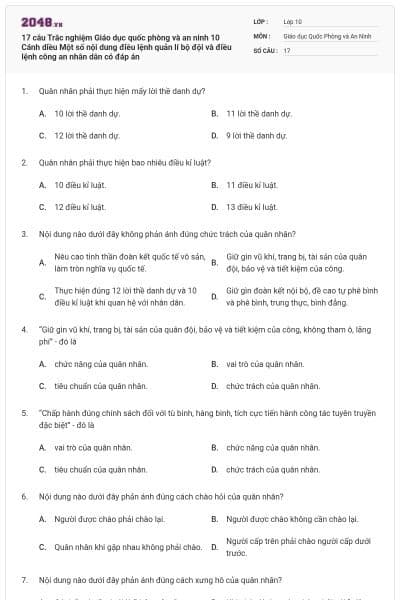 17 câu Trắc nghiệm Giáo dục quốc phòng và an ninh 10 Cánh diều Một số nội dung điều lệnh quản lí bộ đội và điều lệnh công an nhân dân có đáp án