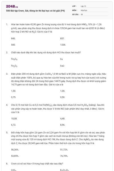 500 Bài tập Crom, Sắt, Đồng ôn thi Đại học có lời giải (P4)